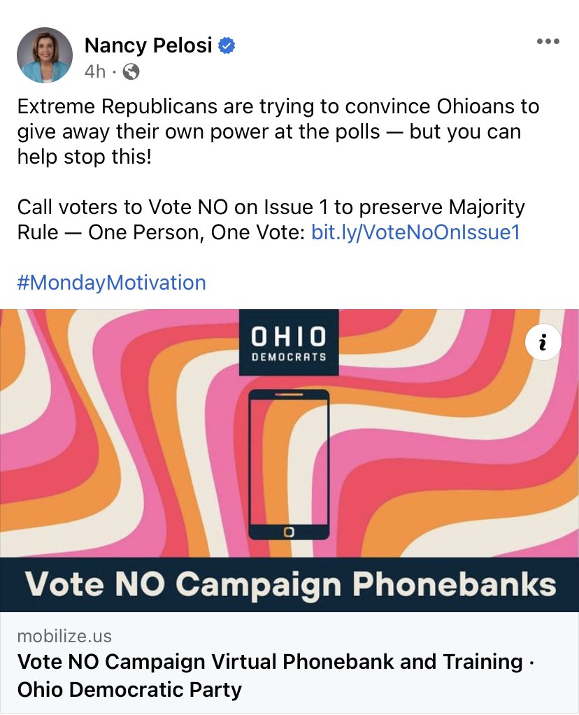 When Democrat Special Interests get desperate, they know who to call… Keep Pelosi’s radical policies out of Ohio’s constitution. Vote YES on ISSUE 1.