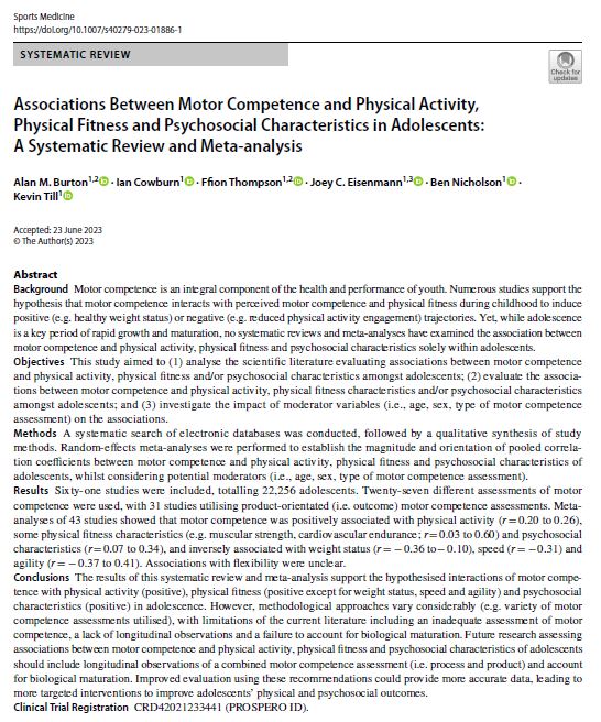 Prof. Kevin Till (@ktconditioning) on Twitter photo 📢NEW PAPER: Associations in Motor Competence and PA, Fitness & Psychosocial Characteristics in Adolescents: Systematic Review & Meta‑analysis ‼️
In <a href="/SportsMedicineJ/">Sports Medicine</a> authors <a href="/ab__coaching/">Alan Burton, PhD</a> @ihjcowburn <a href="/Joe_Eisenmann/">Joe Eisenmann PhD</a> <a href="/ffionthompson/">Dr. Ffion Thompson</a> <a href="/nicholsonsandc/">Dr Ben Nicholson</a>
link.springer.com/article/10.100…
🧵👇👇 📢NEW PAPER: Associations in Motor Competence and PA, Fitness & Psychosocial Characteristics in Adolescents: Systematic Review & Meta‑analysis ‼️
In <a href="/SportsMedicineJ/">Sports Medicine</a> authors <a href="/ab__coaching/">Alan Burton, PhD</a> @ihjcowburn <a href="/Joe_Eisenmann/">Joe Eisenmann PhD</a> <a href="/ffionthompson/">Dr. Ffion Thompson</a> <a href="/nicholsonsandc/">Dr Ben Nicholson</a>
link.springer.com/article/10.100…
🧵👇👇