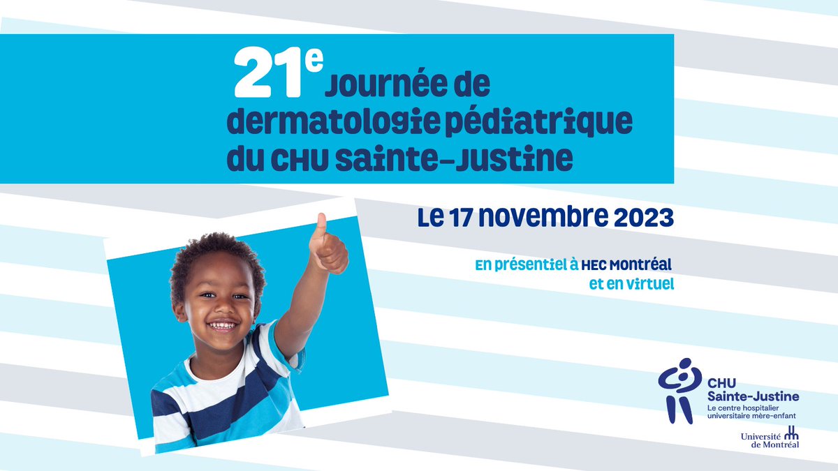 CongresCHUSJ's tweet photo. Dermatologues, pédiatres, résidents et infirmiers(ères) qui ont un intérêt pour la dermatologie pédiatrique

La 21e Journée de dermatologie pédiatrique du CHU Sainte-Justine aura lieu le vendredi 17 novembre 2023 en présentiel et en virtuel !

Infos➡️https://t.co/7haFpH4OC0 https://t.co/TBuKbj2BXl