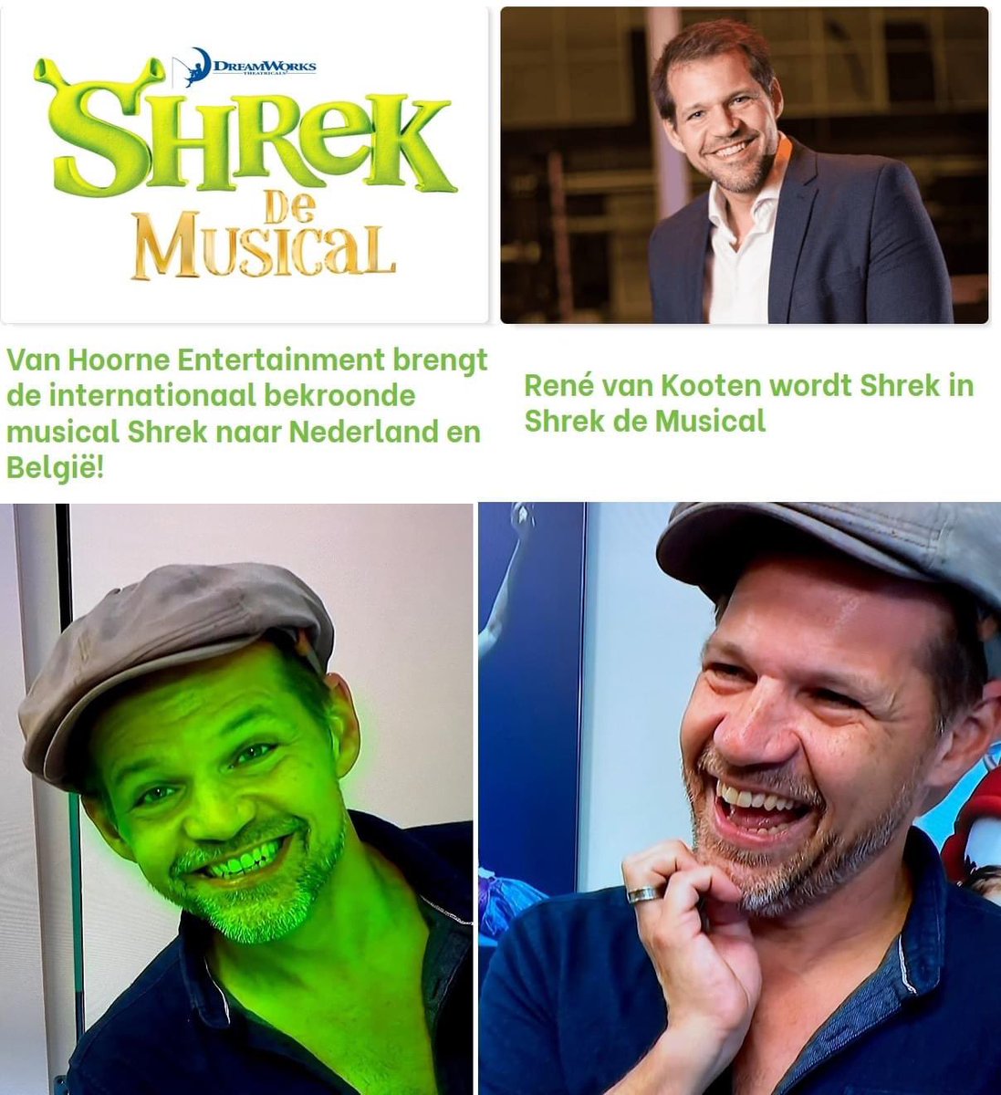 René van Kooten wordt SHREK !! Hoe leuk, René in een familiemusical. 🥰
Dit werd bekend gemaakt in Shownieuws, de overige acteurs zijn nog niet bekend gemaakt. De uitzending terugkijken kan via: shownieuws.nl/uitzendingen
Meer info: vanhoorne.com/shrek