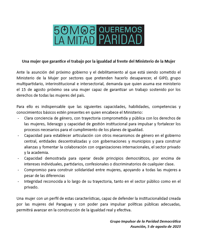 paridadpy's tweet photo. Desde el Grupo Impulsor de la Paridad Democrática pedimos una mujer que garantice el trabajo por la igualdad al frente del Ministerio de la Mujer @SantiPenap @cdeparaguay @CanoTete https://t.co/JUUl9dZQcK