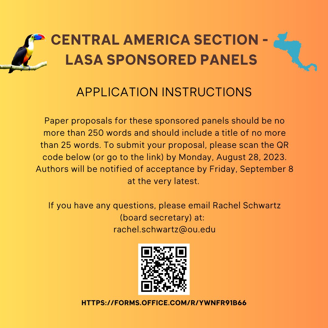 CALL FOR ABSTRACTS 📃

The Central America Section of LASA invites individual paper proposals for two sponsored panels at the 2024 Annual Congress, which will take place in Bogotá, Colombia, from June 12-15, 2024.

 🗓️⏳Due date: Monday, August 28, 2023