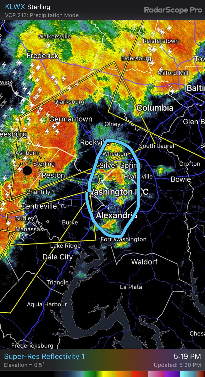 5:20p: This heavy shower/storm that has developed ahead of the main line and is now moving through the District is not severe as of now. The severe storms to the west should reach the Beltway and DC after 5:35pm or so.