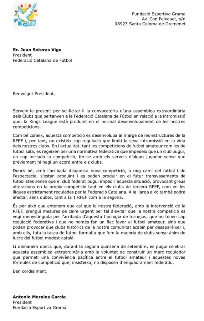 JijantesFC's tweet photo. 🔴 ÚLTIMA HORA

🤬 La @FundacioGrama, molesta con el fichaje de Nadir por @PorcinosFC de @IbaiLlanos, manda una carta a la @FCF_CAT pidiendo una asamblea extraordinaria para regular el fenómeno de la @KingsLeague  @InfoJobs. 

📣 No quieren que la competición "se vea menospreciada con la llegada de ese tipo de torneos sin regulación federativa y que no solo hace un flaco favor al futbol amateur sino que pueden provocar que clubs históricos de nuestra comunidad acaben desapareciendo"

#KingsLeague