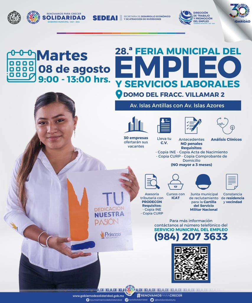 Comparte! Nos vemos en la #28feriamunicipaldelempleoyservicioslaborales en el Domo del Fraccionamiento Villamar2. De 9am a 1pm, el día de mañana! Encuentra tu lugar, ahorra tiempo para tus trámites y consigue ese trabajo que estás buscando!