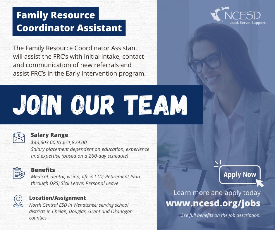 We're #hiring a Family Resource Coordinator Assistant! Learn more and apply for open positions at ncesd.org/jobs // For full benefit details refer to the official job posting and visit ncesd.org/employee-benef…