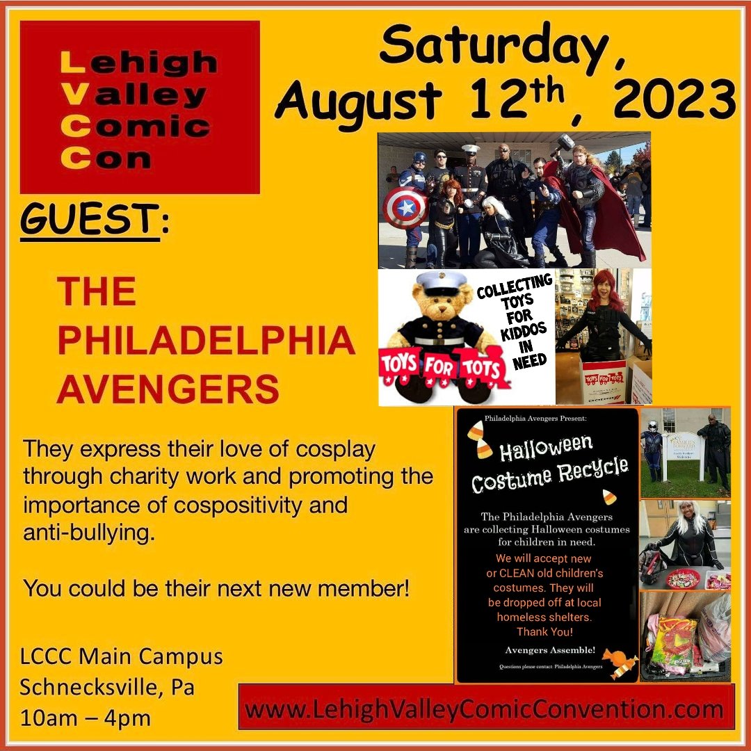 This Saturday, check out <a href="/LVCC01/">Lehigh Valley Comic Convention</a> they have amazing guests, including us. We are collecting clean costumes for children in need so they can have an amazing Halloween &amp; toys so they can have a great holiday. 

#philadelphiaavengers #withgreatcosplaycomesgreatresponsibility #lvcc