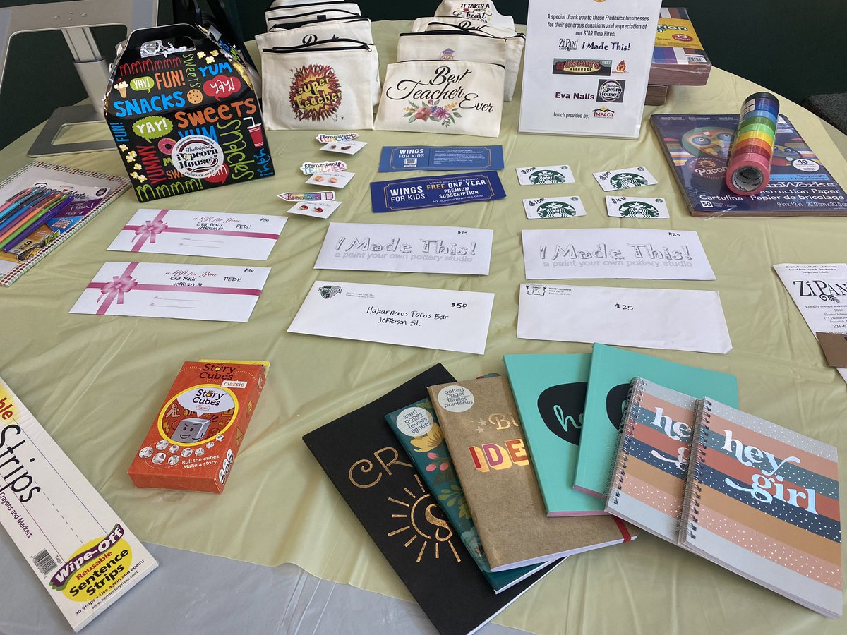 FCPSmsmyersEL's tweet photo. A huge shout out to these fabulous @DwntwnFrederick businesses for their generous donations to support our @FCPSStarSchools New Hires on their 1st day of employment for @FCPSMaryland 👏🏻🤩 The teachers were so excited to win goodies &amp; to feel appreciated &amp; valued by our community! https://t.co/41KLvIDJsg