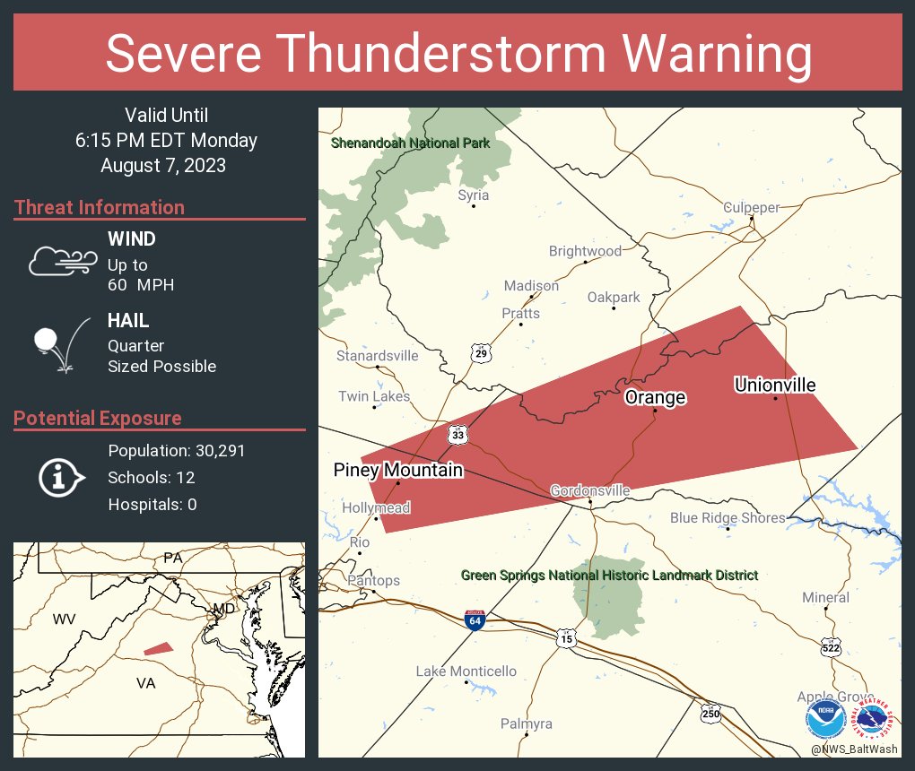 Severe Thunderstorm Warning including Orange VA, Piney Mountain VA and  Unionville VA until 6:15 PM EDT