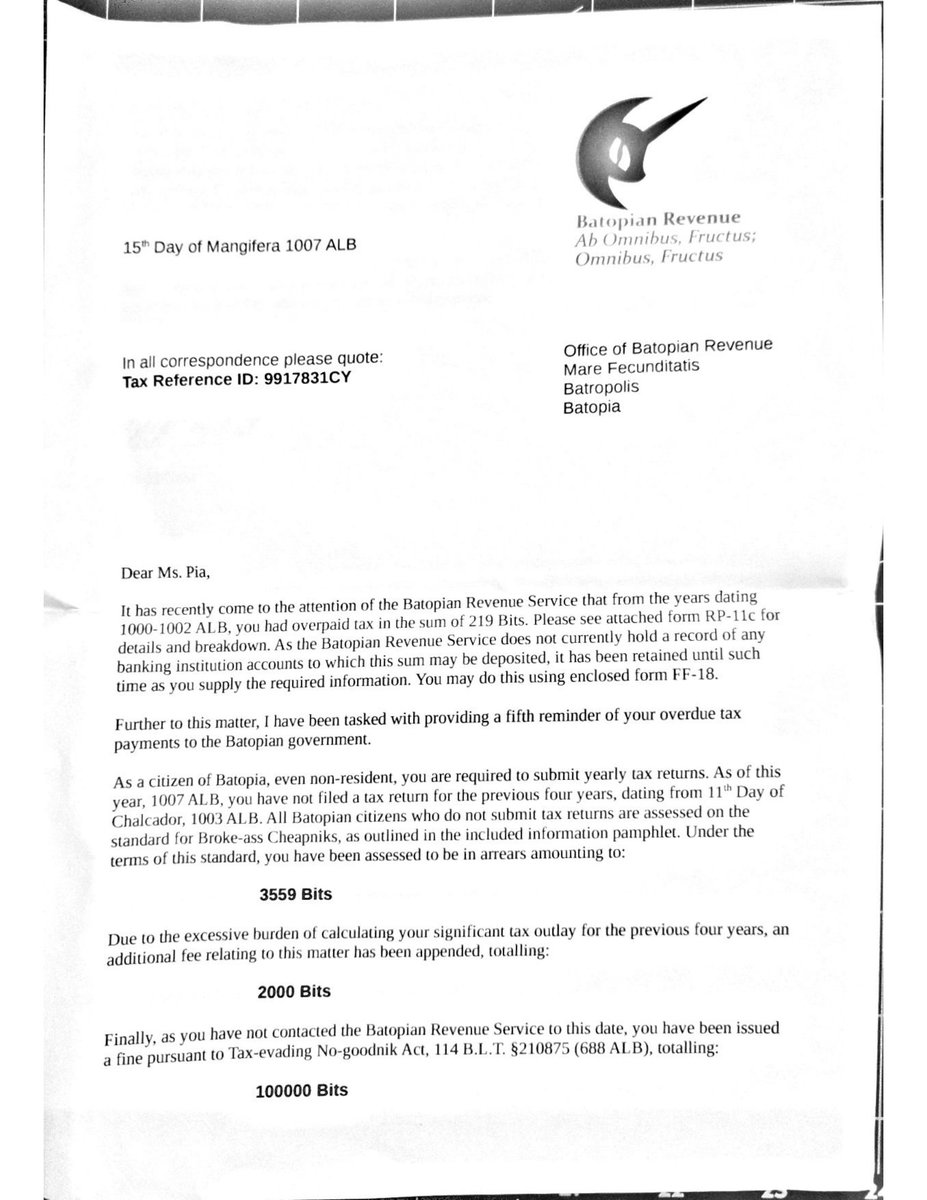 mysadbat's tweet photo. My bat is sad because she got this letter and all she has is the $5 she found years ago that wasn't enough to buy a mango and she didn't know she still had to file as an unemployed expat bat https://t.co/ipEDwcm1cJ