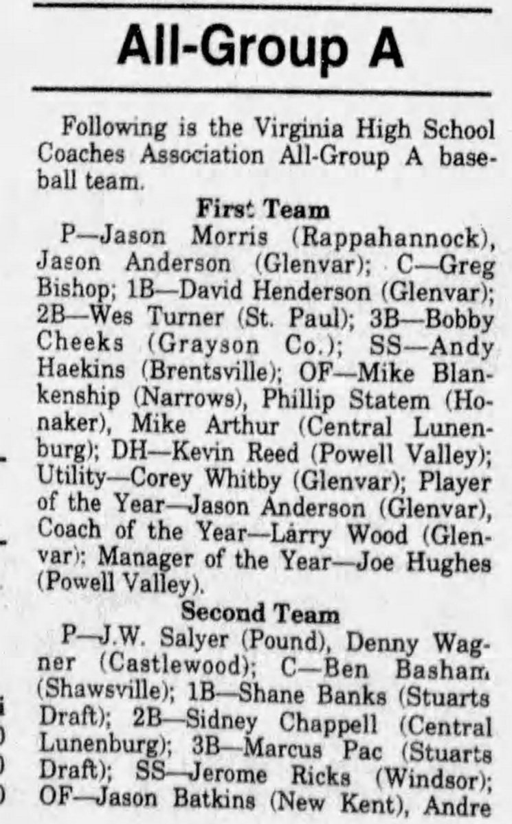 Hayes_BHCSports's tweet photo. Familiar faces such as @CuppaCoffee8 on 1994 #VHSL Group A All-State Baseball team. That is former #WWE competitor Maven as the honorable mention catcher. He was also an All-ODAC player at Eastern Mennonite and faced @TomGun424 of @GoWasps a few times: https://t.co/eUKP9ZVb3B https://t.co/5sDzRM0ALQ