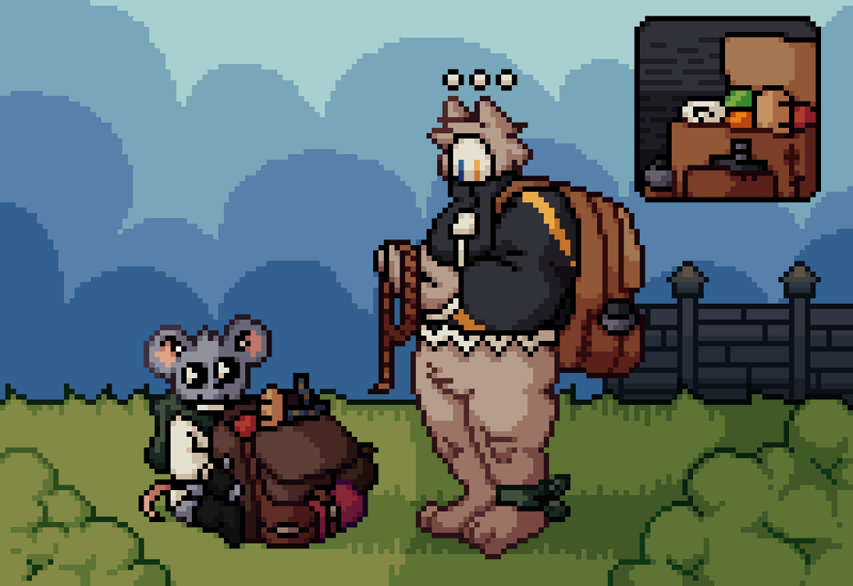 NyNyrem's tweet photo. Yo y los papus que speedrunneamos el dibujo
(Tiene una mochila con una botella, comida variada, una soga, la daga de la herrería y un lazo/pulsera en su pierna que le recuerda el color de la ropa de Koop)
( #Permadraw3Divididos 🍞) https://t.co/UAV4gfKvnI