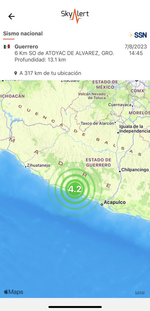 SkyAlertMx's tweet photo. Sismo magnitud 4.2 (SSN) ubicado a 6 km al suroeste de Atoyac de Álvarez, Guerrero.

Detectado por @REDSkyAlert con intensidad «débil» en zona del epicentro.

#LaAlertaConfiable https://t.co/pXwJHe6Y6w