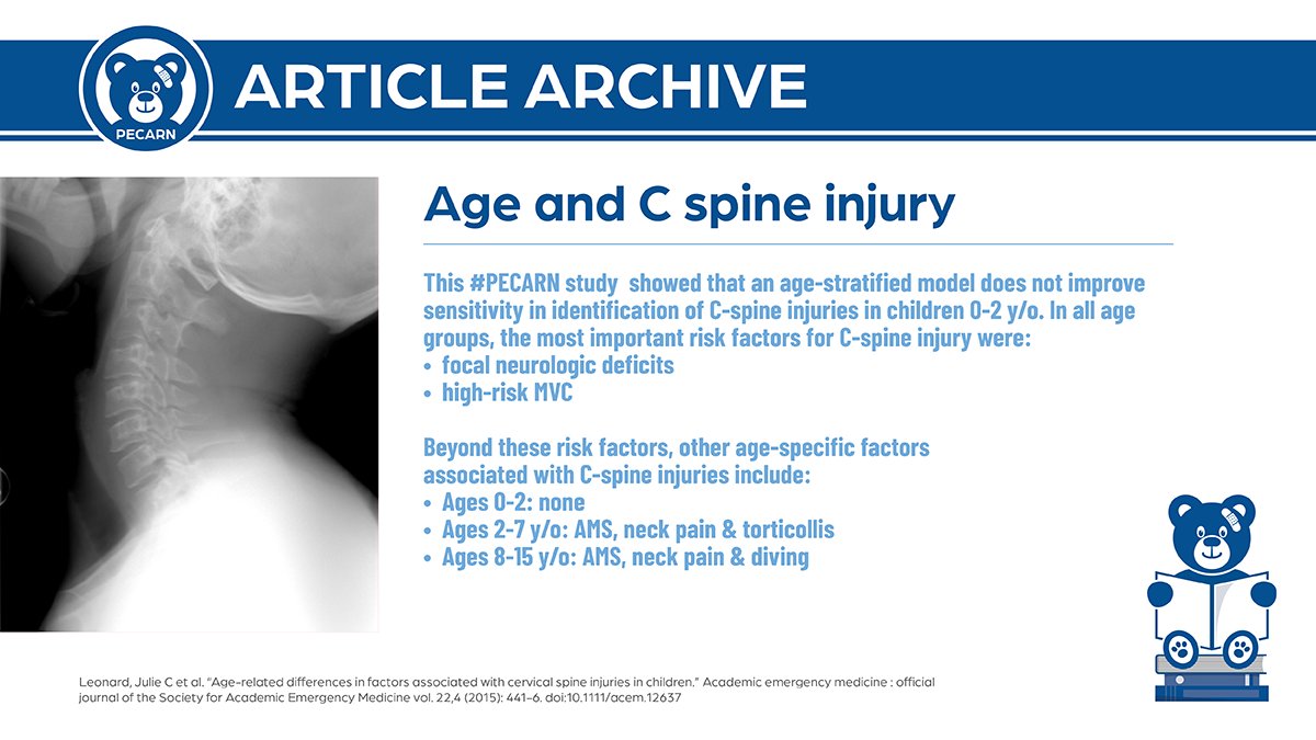 Does age of the child matter when it comes to c-spine injury evaluation? This #PECARN study by <a href="/JCLeonardMDMPH/">Julie C. Leonard, MD MPH</a>, <a href="/nkuppermann/">Nathan Kuppermann</a> showed that an age-stratified model does not❌ improve sensitivity in identification of C-spine injuries in children 0-2 y/o🍼.  bit.ly/30NVVoj