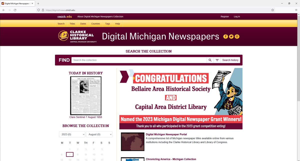 Library of Michigan (@libraryofmich) on Twitter photo Check out the latest additions to the <a href="/Clarke_Library/">Clarke Historical Library</a>’s <a href="/DigMichNews/">DigMichNewspapers</a> Database! Digitized newspapers from the two winners of the Digital Michigan Newspaper Grant Program, <a href="/Bellairemuseum/">Bellaire Area Historical Society</a> and <a href="/CADL_LocalHist/">CADL Local History</a>, are now available to explore online: digmichnews.cmich.edu Check out the latest additions to the <a href="/Clarke_Library/">Clarke Historical Library</a>’s <a href="/DigMichNews/">DigMichNewspapers</a> Database! Digitized newspapers from the two winners of the Digital Michigan Newspaper Grant Program, <a href="/Bellairemuseum/">Bellaire Area Historical Society</a> and <a href="/CADL_LocalHist/">CADL Local History</a>, are now available to explore online: digmichnews.cmich.edu