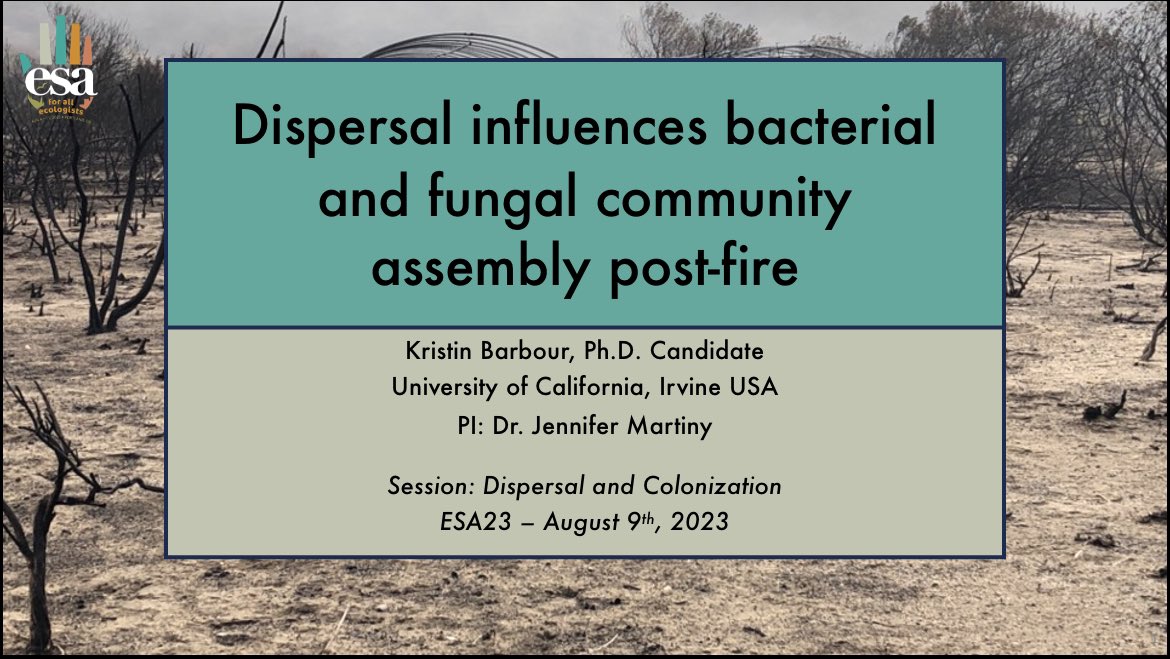 KristinBarbour3's tweet photo. If you’re at #ESA2023, come check out my talk on Wednesday at 1:45 (COS 194). I’ll be talking about how dispersal contributes to the assembly of microbial communities post-fire! 🦠🔥 https://t.co/V8dau0Y3PW