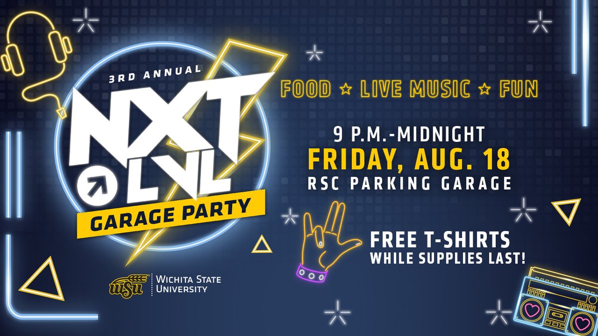 Are you ready for the 3rd annual NXT LVL Garage Party at <a href="/WichitaState/">Wichita State</a>?! 🌾 

Join us from 9 p.m.-Midnight on Friday, August 18 at the RSC Parking Garage as we kick off the new academic year with Shocker Nation! ⚡️

👕 FREE T-SHIRTS WHILE SUPPLIES LAST!