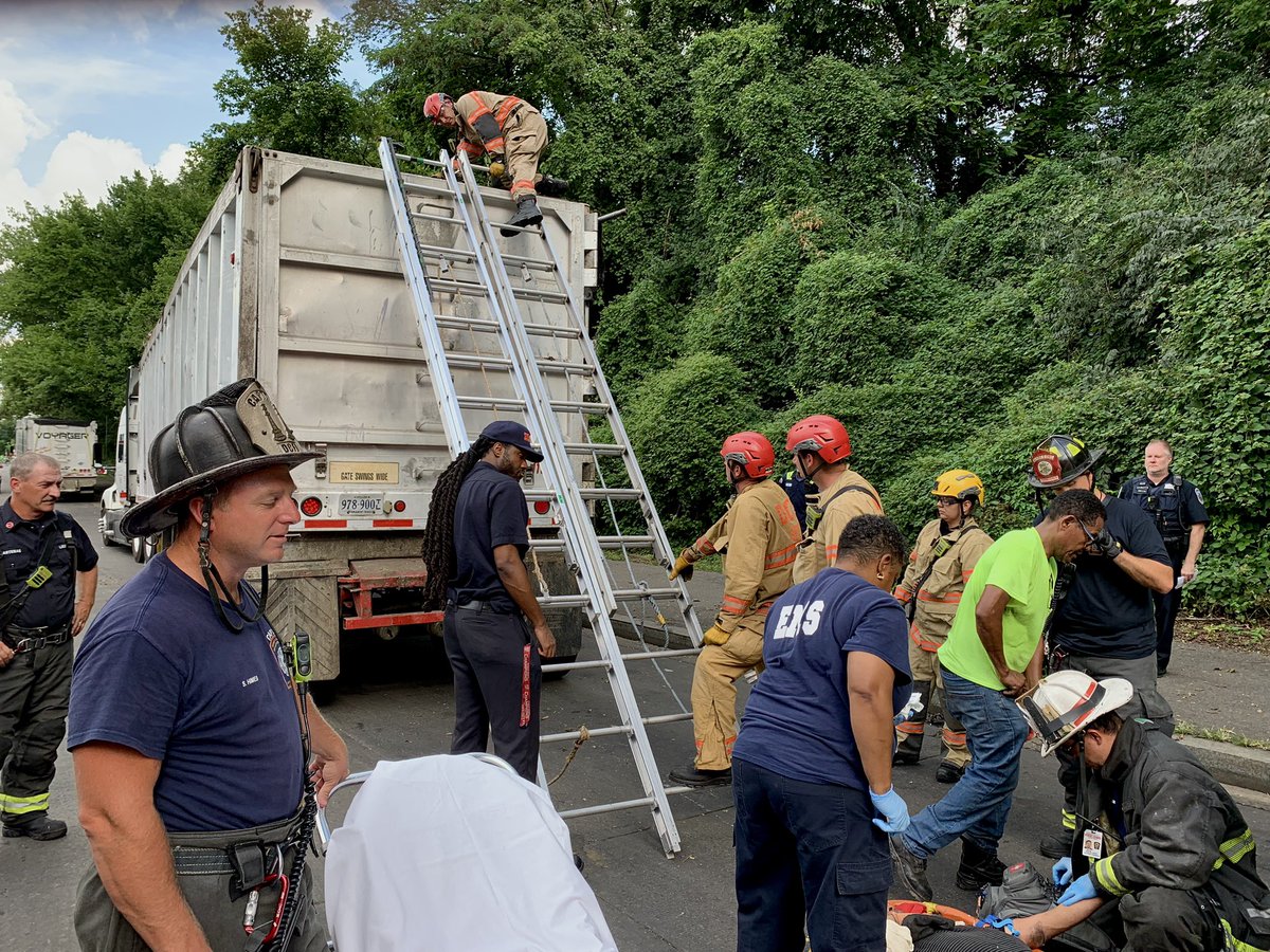 Great job by DCFD at the Bates Road Trash Station where a worker took a serious fall while working in the trash trailer attempting to replace a tarp over the truck today