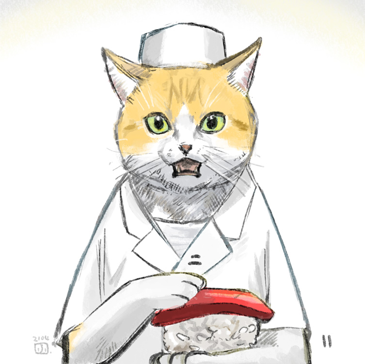 「#世界猫の日 (再掲です)ずっと何かに反応しながら寿司を握っている猫の店主 」|ふむなのイラスト