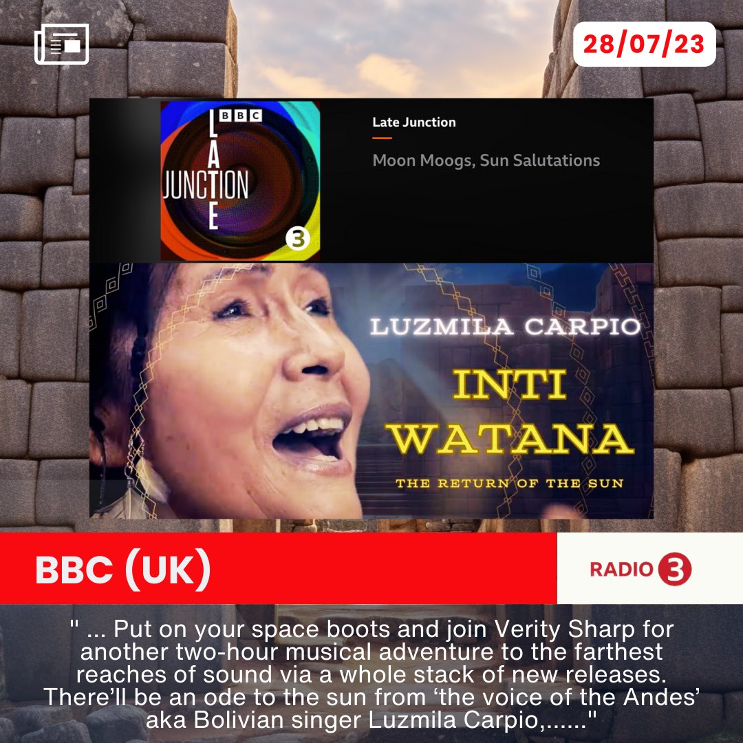 Thank you @bbc Radio 3 #latejunction for having “Inti Watana”, my ode to the connection between our hearts and the energy of the Sun, as part of your recent musical journey! So happy to be part of this amazing episode “Moon Moogs, Sun Salutations”!