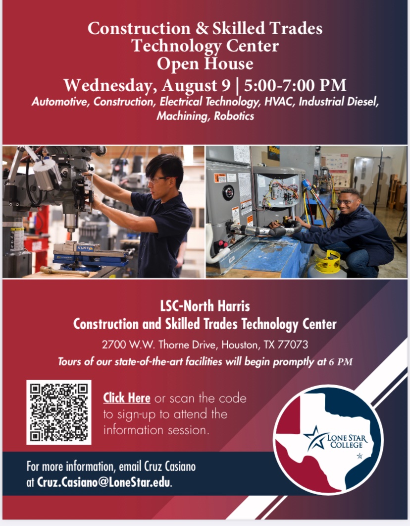 🗣️ Come visit our Career &amp; Applied Technology Open House this Wednesday, Aug. 9 (5-7pm)to explore options <a href="/LSCNorthHarris/">LSC-North Harris</a>. We offer Automotive, Construction, Diesel, Electrical Technology, HVAC, Machining, &amp; Robotics.