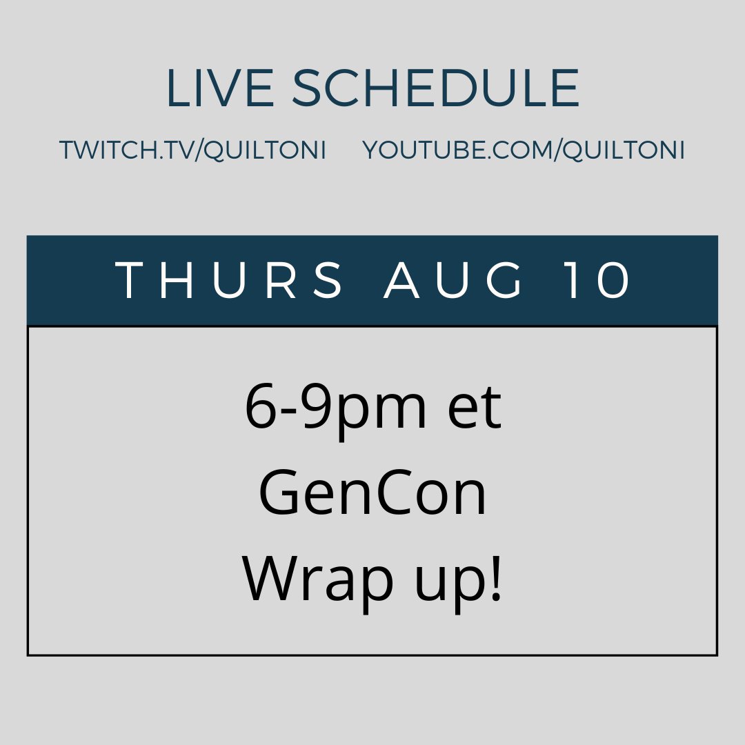 quiltoni's tweet photo. This week I am back to streaming!
Join me Thursday on Twitch and let's talk all about Best Con GenCon!!
#gencon #gencon2023 #bestcon https://t.co/JWOKGjYGY2