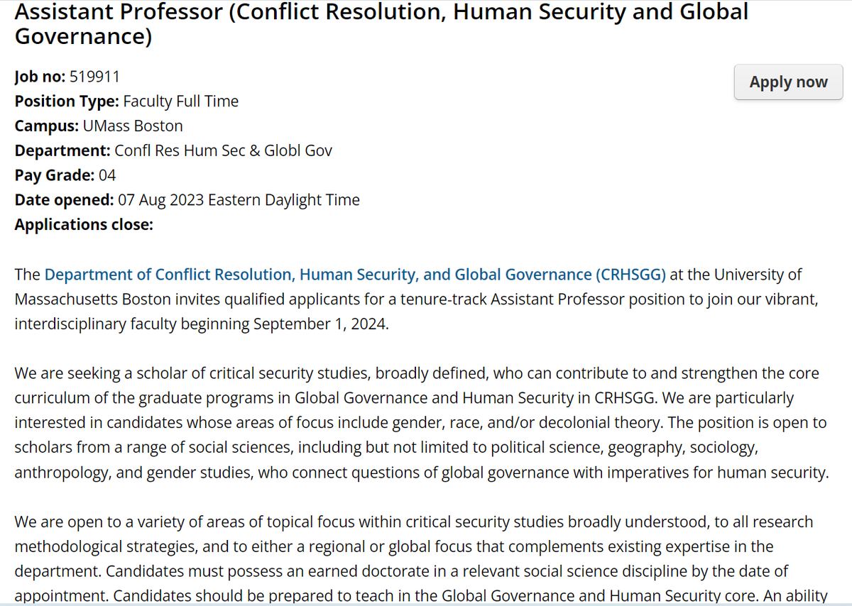 UMass Boston @conresglobal is hiring an assistant professor in critical security studies, especially gender, race, and/or decolonial theory. Deadline is October 1, 2023. Come join us in Boston! employmentopportunities.umb.edu/en-us/job/5199… #psjminfo #PoliSciJobs #academicjobs