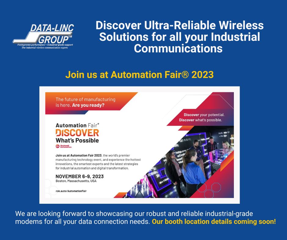 datalincgroup's tweet photo. Save the Date for Automation Fair 2023: Discover the Future of Automation with DATA-LINC GROUP's Exciting License-Free Wireless Modem Showcases! #ROKevents #automationsolutions https://t.co/3dFuJ01EoU