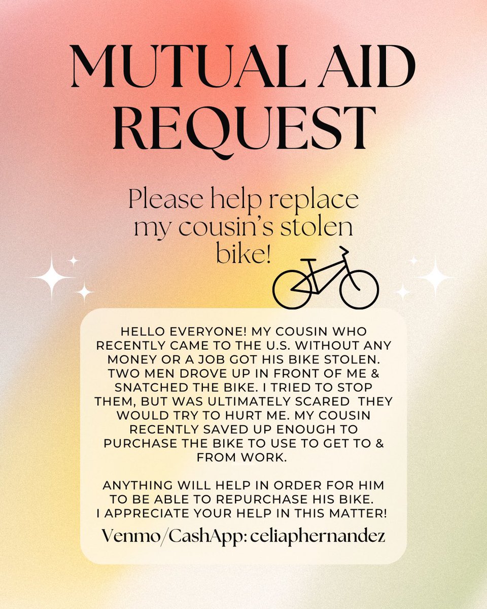 itsurgirllia's tweet photo. Hi besties, still trying to raise just enough money to help out with my cousins transportation needs!! His bike was stolen and his bike is essential to him! 🫶🏻 anything helps 😊 https://t.co/yKLWtWEKbo