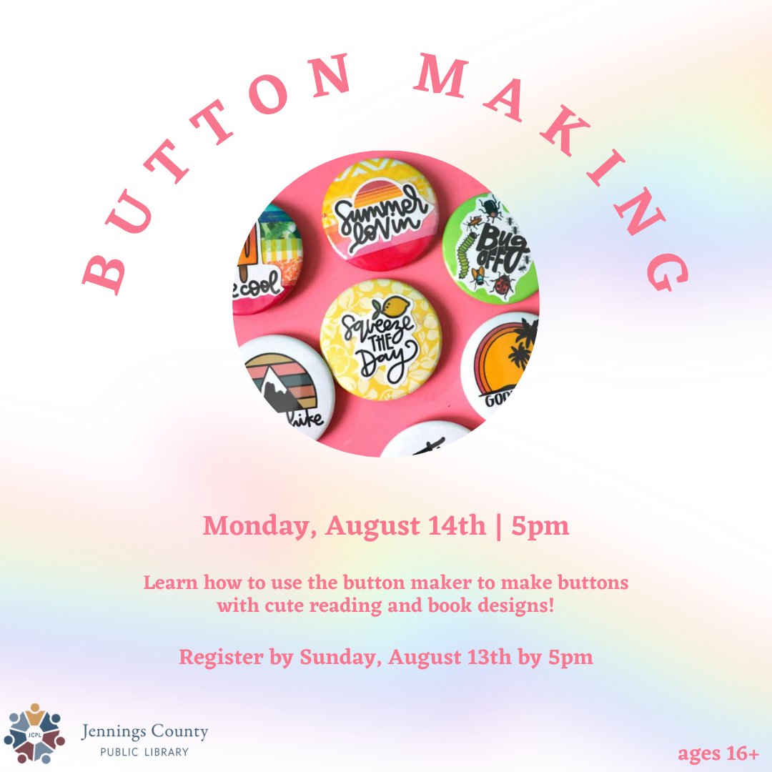 JenningsLib's tweet image. Join us for &quot;Button Making&quot; Monday, August 14th! To register, visit jenningscounty.librarycalendar.com/event/how-use-… or call the library at 812-346-2091!

#create #buttonmaking