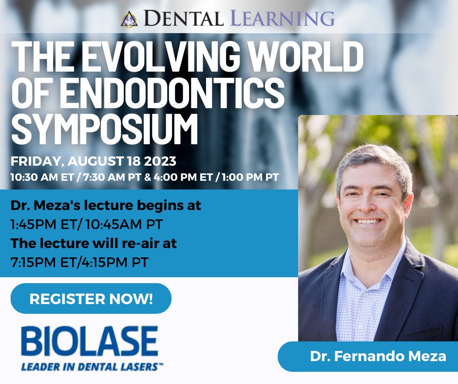 DentalLearning's tweet photo. Join Dr. Fernando Meza as he breaks down the Er,Cr:YSGG erbium laser and it's many uses at this years "Evolving World of Endodontics Symposium." Save the date and register now! https://t.co/XjVRpZRZ39

#DentalLearning #EndoLaser #DentalEvent #ContinuousLearning https://t.co/Zhmkh7qt9R