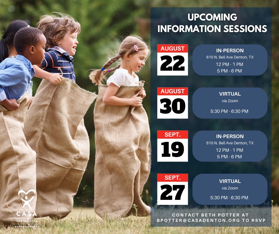 CASADenton's tweet photo. THE TIME IS NOW! โ๐จ
Join us for an information session this month and learn what a CASA does and how you can help make a difference in the lives of children experiencing abuse and neglect in our community.
#BeACASA #CASADenton #CASAofDentonCounty #Volunteer #DentonCounty https://t.co/zKOREw0HsC