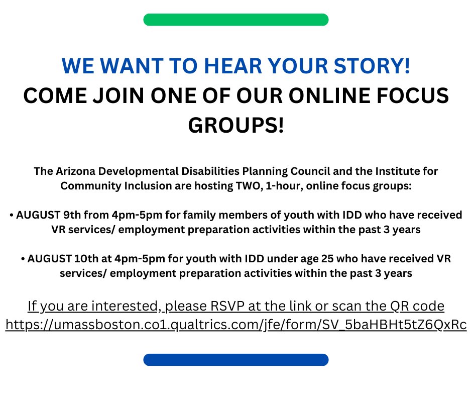 AzDDPC's tweet photo. The Arizona Developmental Disabilities Planning Council and the Institute for Community Inclusion are hosting TWO, 1-hour, online focus groups.

We are able to offer one $25 Amazon gift card to each household for participation if requested.

https://t.co/auzSCPORRO https://t.co/UsIK4zZGko