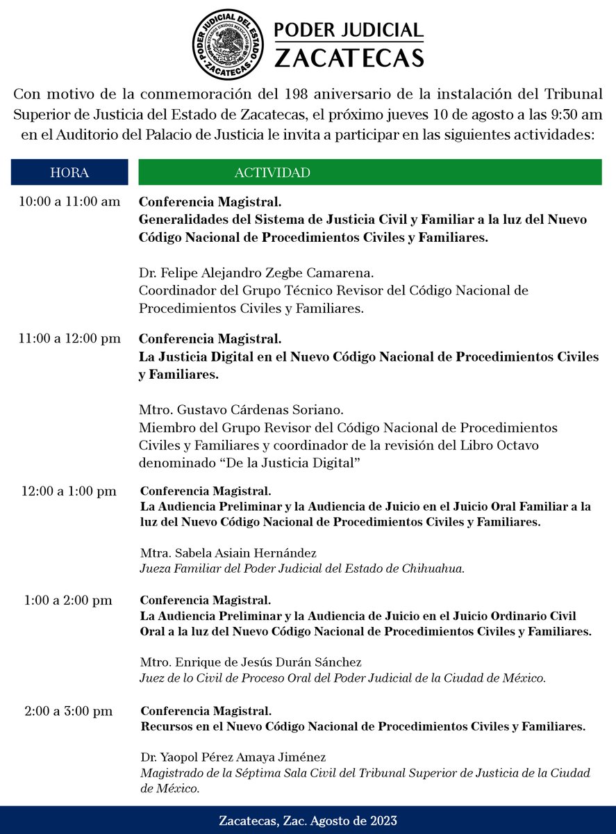 TribunalZac's tweet photo. ➡️Con motivo de la conmemoración del 198 aniversario de la instalación del @TribunalZac, el próximo jueves 10 de agosto a las 09:30 horas en el Auditorio del Palacio de Justicia le invita a participar en las siguientes actividades🔽 https://t.co/jeL11fwaJ3