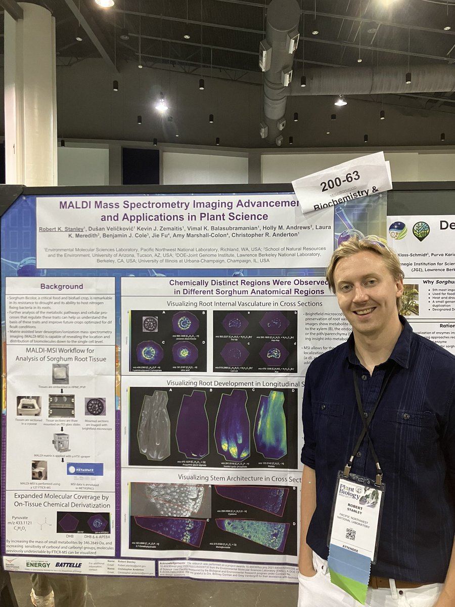 Excited to be at #ASPB2023 discussing some of the work I’ve done under <a href="/The_AnderPLANTS/">Chris Anderton</a> at <a href="/PNNLab/">Pacific Northwest National Laboratory</a> utilizing MALDI-MSI to map small molecules and lipids in sorghum and highlighting the collaborations for our <a href="/EMSLscience/">Environmental Molecular Sciences Laboratory (EMSL)</a> users