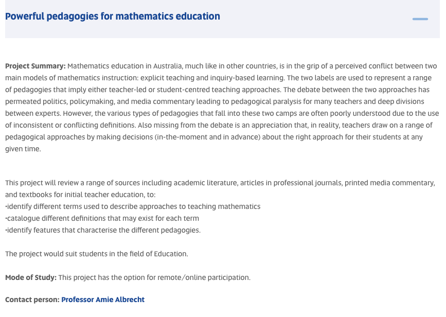 nomad_penguin's tweet photo. Are you or do you know an undergrad student interested in a 4-8 week Vacation Research Scholarship at UniSA working with me and the maths ed team?

The project is a deep dive into different pedagogies for maths education.

Contact me or visit: https://t.co/R1e5gYvJqe https://t.co/1eBjWC8OAH
