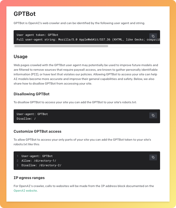 Saboo_Shubham_'s tweet photo. Breaking 🚨

OpenAI just launched GPTBot, a web crawler designed to automatically scrape data from the entire internet.

This data will be used to train future AI models like GPT-4 and GPT-5!

GPTBot ensures that sources violating privacy and those behind paywalls are excluded. https://t.co/oR3kY4buaU