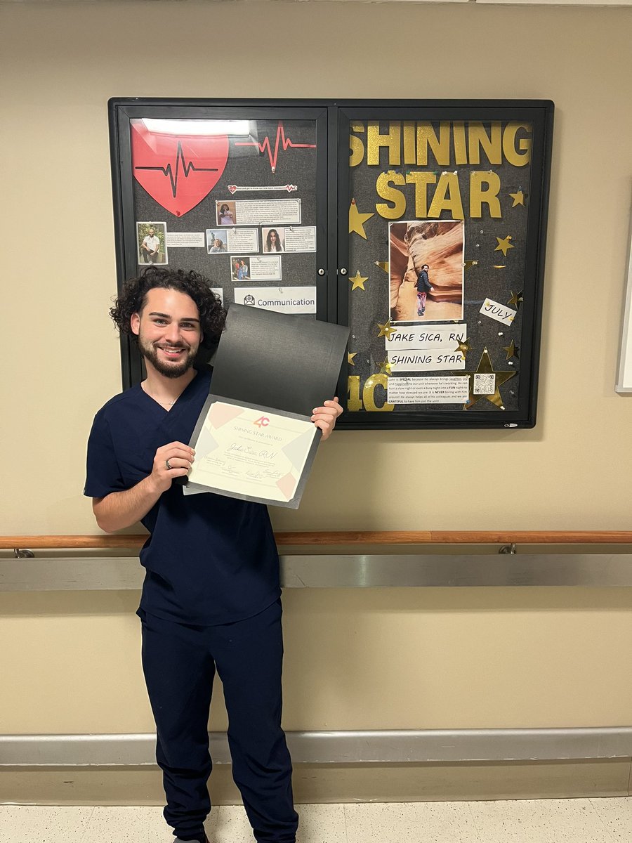 RichardCanlas9's tweet photo. Every day is recognition day! Starting the week on a positive note! Jake Sica, RN who recently passed probation, was named Shining Star of the month! 💫 A well-deserved peer recognition. https://t.co/fzx9vShTt9