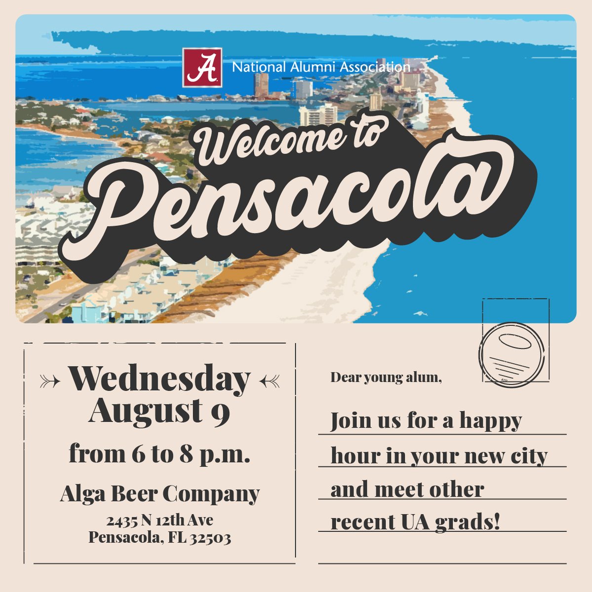 Calling all Pensacola area young alums! Come to Alga Beer Company this Wednesday for some free drinks and good company. Sign up through the link, and we'll see you there! 🍻

eventbrite.com/e/welcome-to-t…

📅: Wednesday, August 7
📍: <a href="/algabeerco/">Alga Beer Co</a>
🕔: 6-8 p.m.