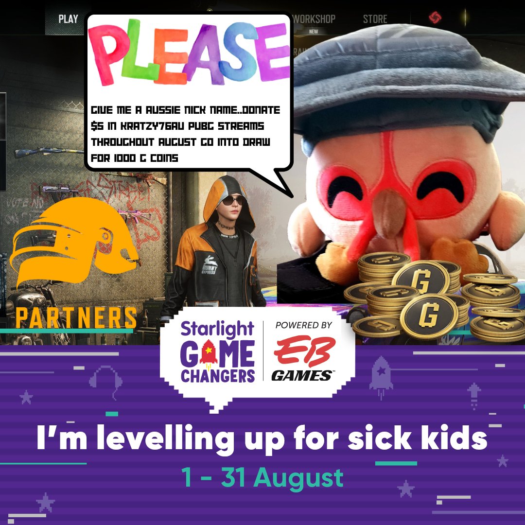 kratzy76au's tweet photo. Wednesday 6pm AEST ⚡️PUBG FUN ⚡️ every elimination is $1 for Charity !Star to Donate 🎉 #Charity #StarLight #GameChangers #ForTheKinds🏆 #PUBG https://t.co/jn2SzeHolH #GamingCommunity #Twitch #TwitchNQ #TwitchANZ #TwitchQLD https://t.co/MOLkq9FVFK