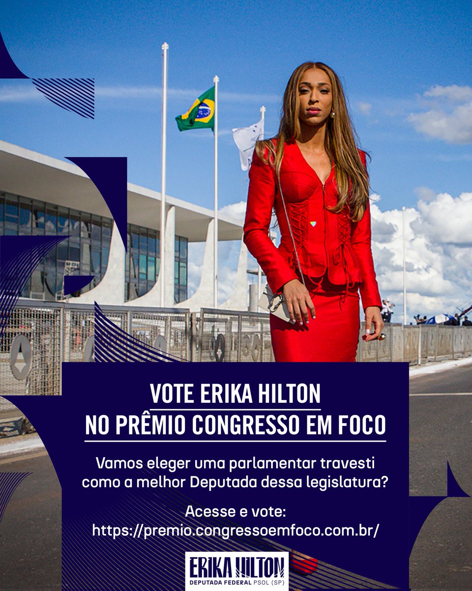 ErikakHilton's tweet photo. VOTAÇÃO MELHORES DEPUTADAS 👇🏾

Essa é pra você que já votou em mim e pra você que sonha em votar em mim, de qualquer lugar do Brasil!

Começou AGORA a votação popular para eleger os MELHORES DEPUTADAS do Congresso Nacional, o Prêmio @CongressoEmFoco!

Qualquer um pode votar, de qualquer lugar do Brasil. E cada pessoa tem direito a 1 voto.

Então a ajuda de cada um de vocês fará a diferença para que uma travesti seja eleita como uma das melhores, ou a melhor Deputada do Congresso Nacional, derrotando todos os bolsonaristas e odiosos. 

Posso contar com a ajuda de vocês? 
Acessem: https://t.co/alMogQ2uma, cadastrem-se e votem!

Espalhem por aí e peçam ajuda para os amigos, a família e todo mundo que puderem!