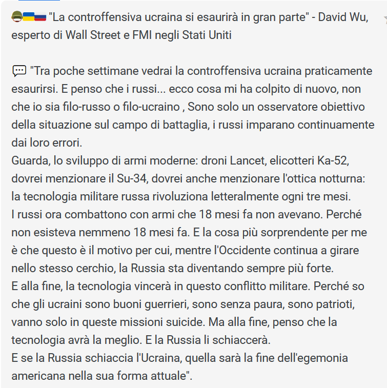 CCKKI's tweet photo. 🪖🇺🇦🇷🇺 "La controffensiva ucraina si esaurirà in gran parte" - #DavidWu, esperto di Wall Street e FMI #US.
"... E se la #Russia schiaccia l'#Ucraina, quella sarà la #fine dell'#egemonia #americana nella sua forma attuale".
https://t.co/jDbyUjwknu https://t.co/40nbDyzSAe