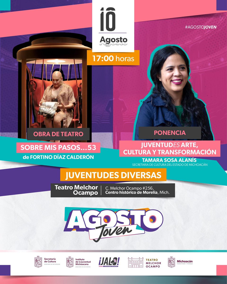 SCultura_Mich's tweet photo. La titular de la #Secum, Tamara Sosa Alanís, impartirá la ponencia "Juventudes arte, cultura y transformación", como parte de la campaña #AgostoJoven del @IJUMICHoficial. También se presentará la obra "Sobre mis pasos...53".
📅 10 de agosto
🕕 17:00 horas
📌 Teatro M. Ocampo https://t.co/6XEbYl1vf2