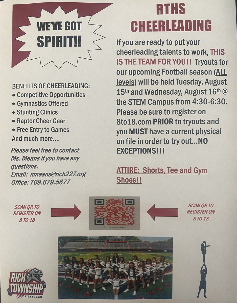 RICH TOWNSHIP RAPTORS ! Cheer Tryouts are Coming up First Week Of School ! 🔴⚫️⚪️  Check out flyer for Details . ! GO RAPTORS #OTOD