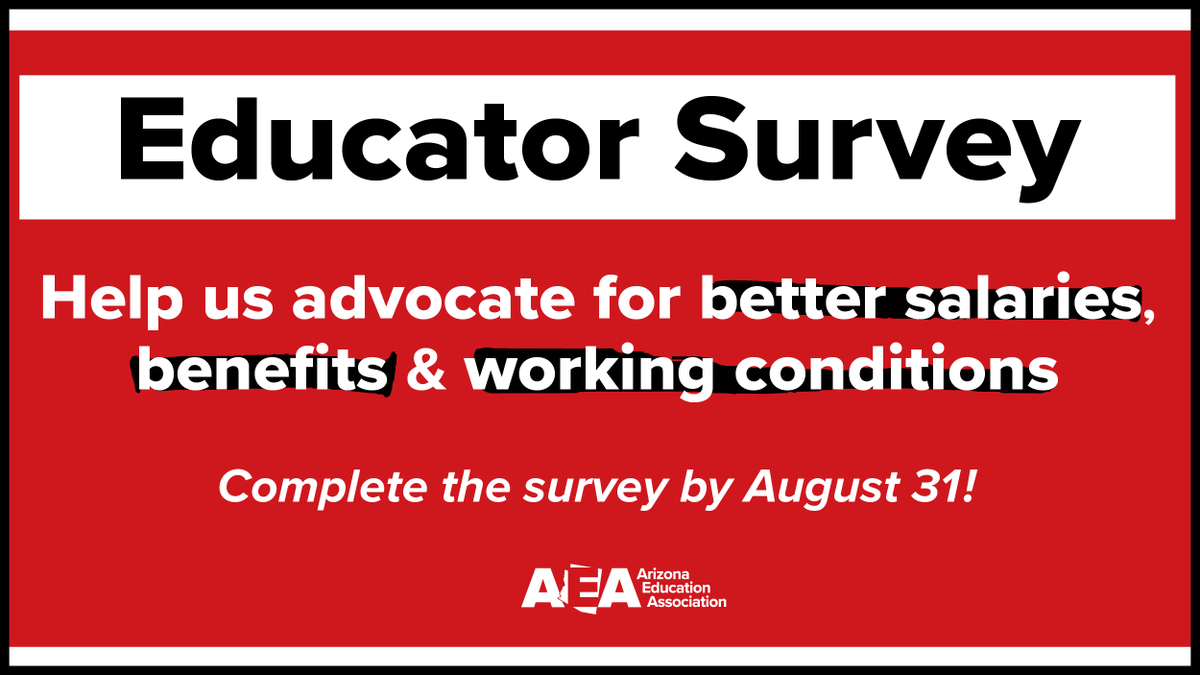 ArizonaEA's tweet photo. Arizona educators - take a moment now to fill out the statewide survey from the Governor's Educator Retention Task Force! Add your voice and help make the case that educator salaries, benefits and working conditions need to be top priorities: https://t.co/iGZzRJ5ZNi https://t.co/kbgFKzLbiv