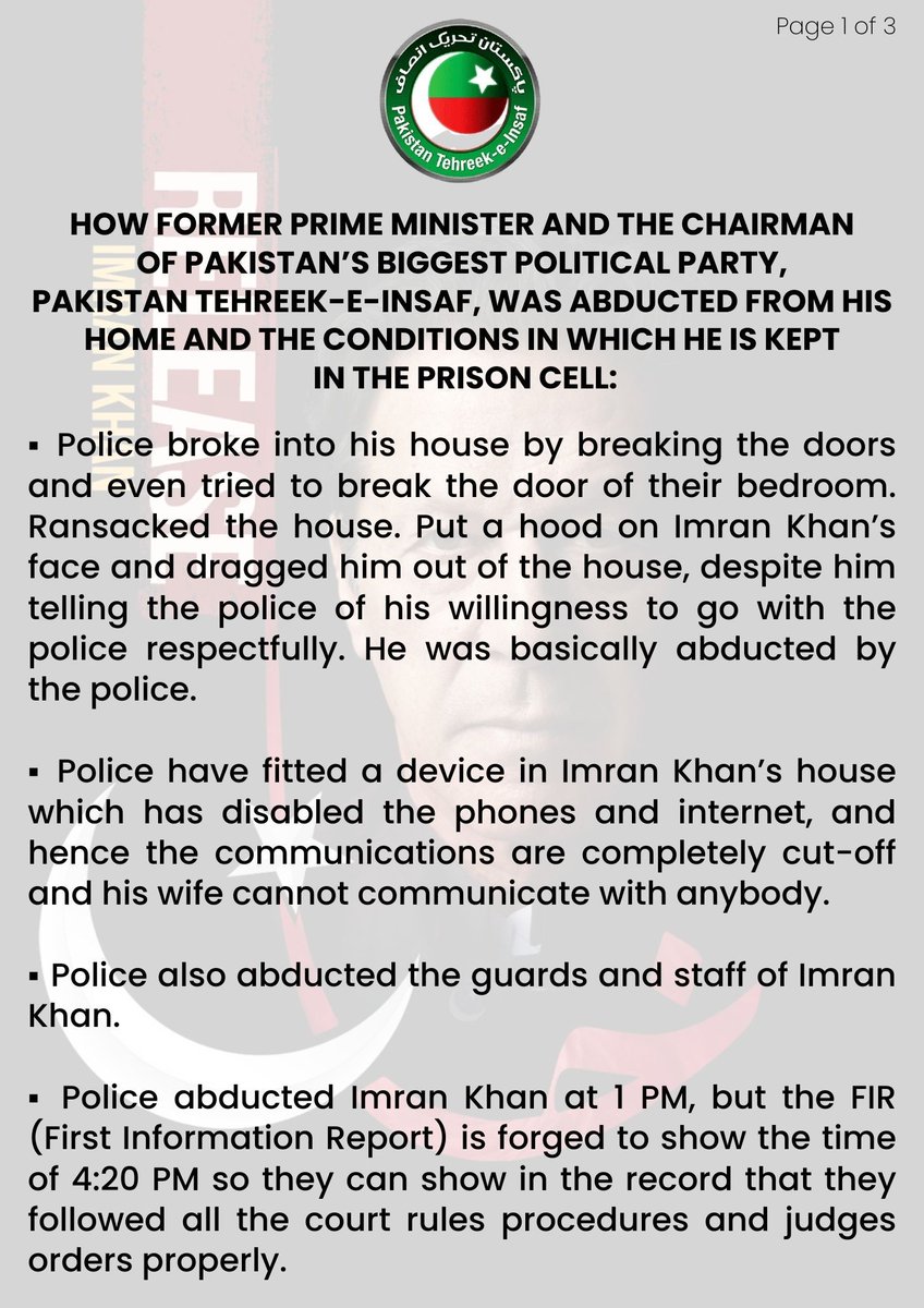 The Fascist government under PDM has crossed all limits. The conditions in which a former PM Imran Khan is kept in beyond painful. He is deprived of even the basic necessities of life even though he is constitutionally allowed to have Class A jail facilities.
Still, his spirits…