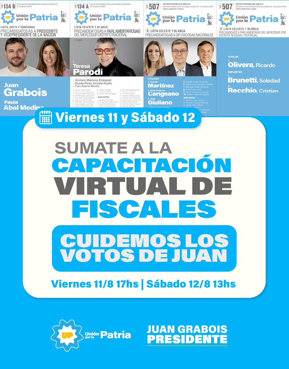 🤍CAPACITACIONES PARA FISCALIZAR EN LAS PASO 2023 
Sumate a cuidar los votos de Juan🗳 

🤔 ¿Cuándo?
- Miércoles 9 de agosto 17hs > Presencial (en La Toma - Tucumán 1349)
- Viernes 11 de agosto 17hs > Virtual 
- Sábado 12 de agosto 13hs > Virtual 

📱CUALQUIER DUDA, ESCRIBINOS.
