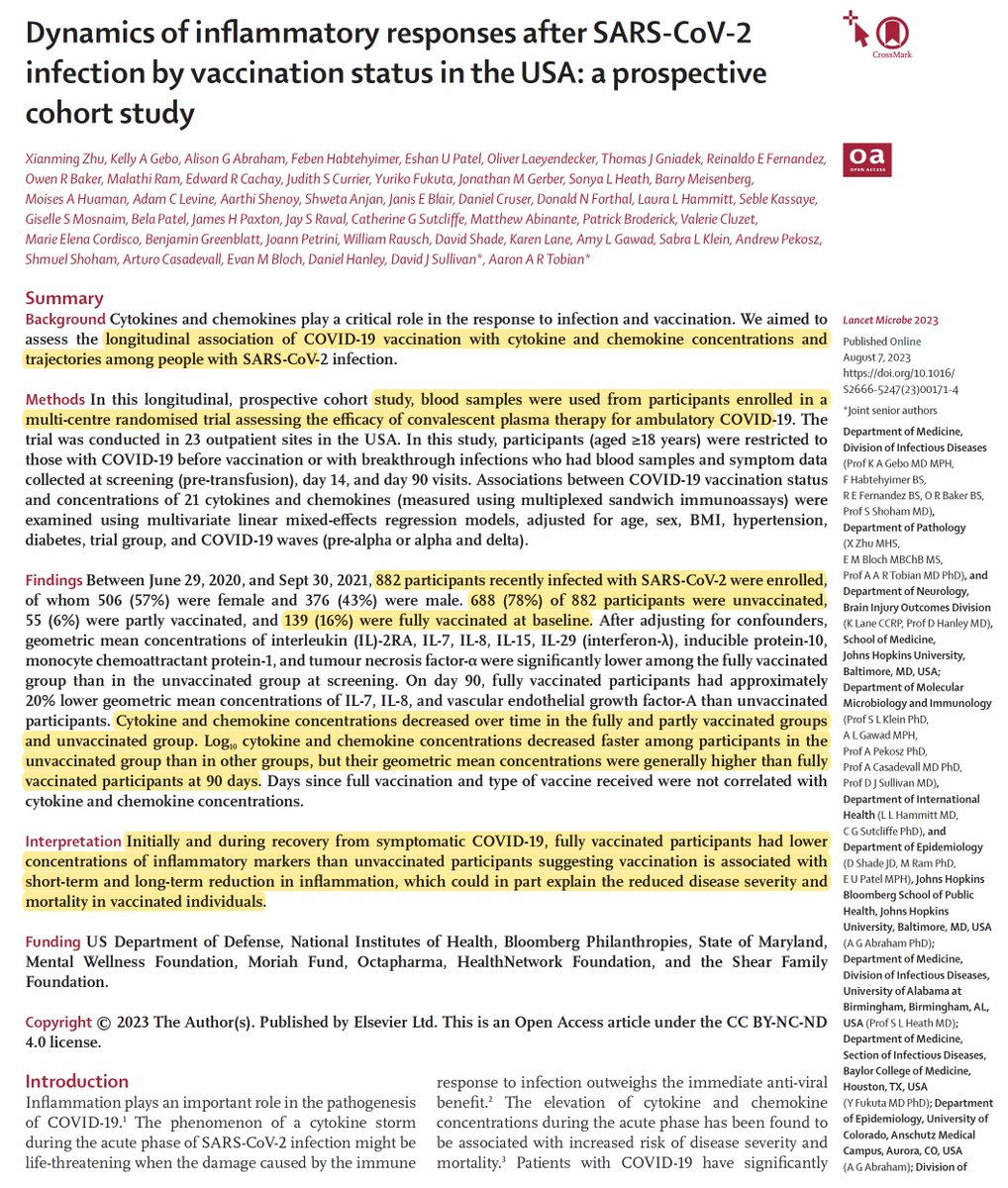 EricTopol's tweet photo. 🆕 @LancetMicrobe 
In the largest study to measure cytokines and chemokine during Covid, with or without vaccination, a lower inflammatory profile was seen with prior vaccination, supporting its potential short and long- term protective benefit
https://t.co/bT5mYqdcJ0 https://t.co/vYbxtD9o8Q