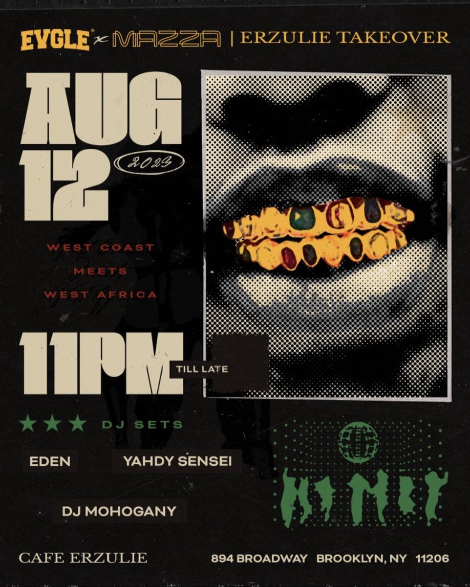 Brooklyn, NY 📍 Saturday, August 12th EVGLE is teaming up with the curators of the African diaspora-focused brand Mazza, for an Erzulie Takeover! Join us for a night of high energy, good music, and beautiful people. 

Sounds by <a href="/edenbekele_/">EDEN</a> <a href="/YahdySensei/">Yahdy Sensei</a> and <a href="/DJMohogany/">THE BIGGEST JUE</a> 🎵