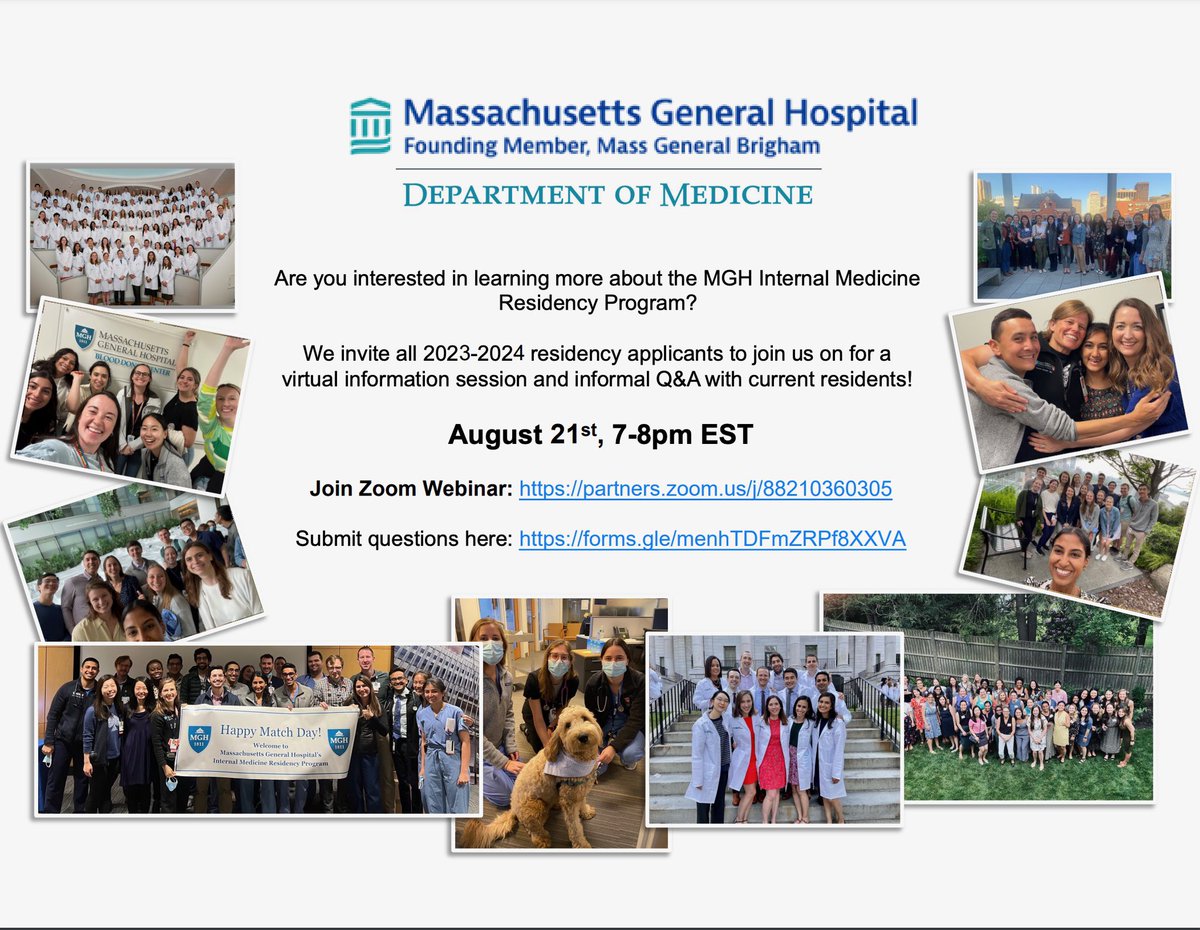 Come learn from current residents about our program and why we love it so much at our open house, August 21 at 7 pm! 

Zoom link: partners.zoom.us/j/88210360305

Submit questions here: docs.google.com/forms/d/e/1FAI…

We hope to see you there 😊

#Match2024 #InternalMedicine